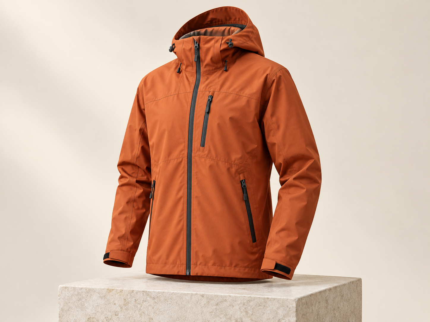 Muted orange lightweight outdoor shell jacket with adjustable hood and zip pockets