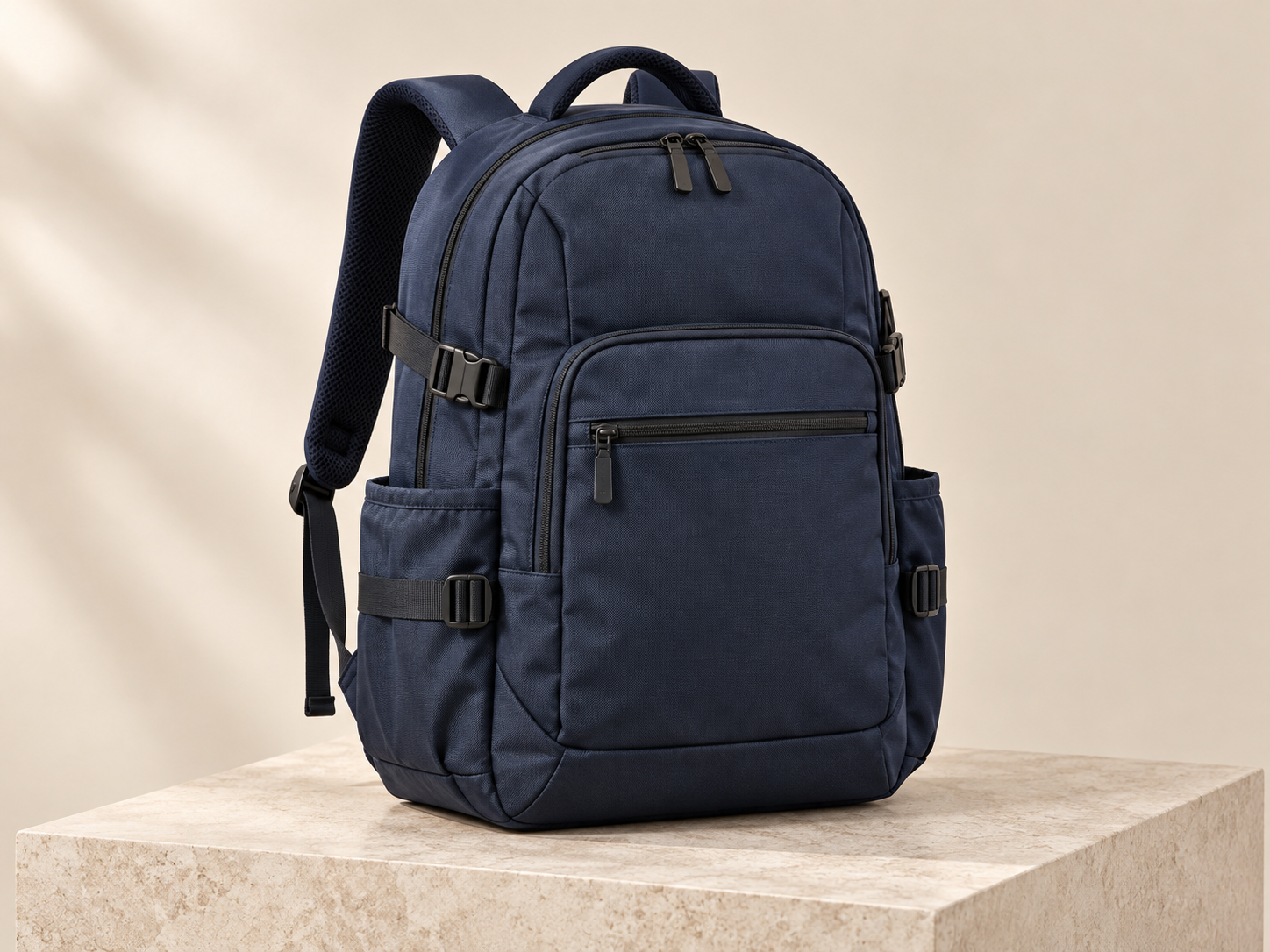 Deep navy outdoor utility backpack with organized pockets and adjustable straps