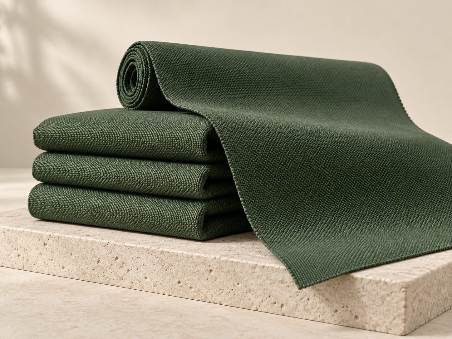 Deep sage green recycled polyester Oxford fabric folded and partially unrolled
